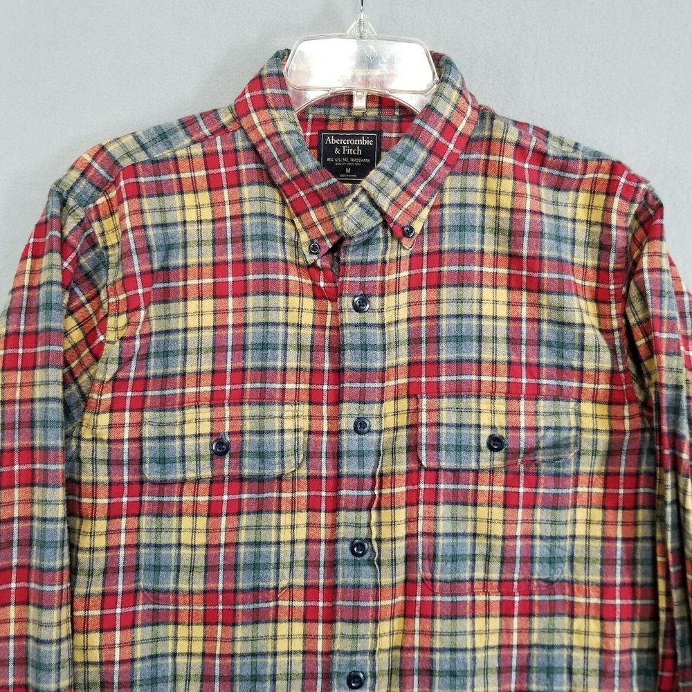 Abercrombie Fitch Mens Medium Flannel Shirt Button Down Red Blue Plaid Workwear